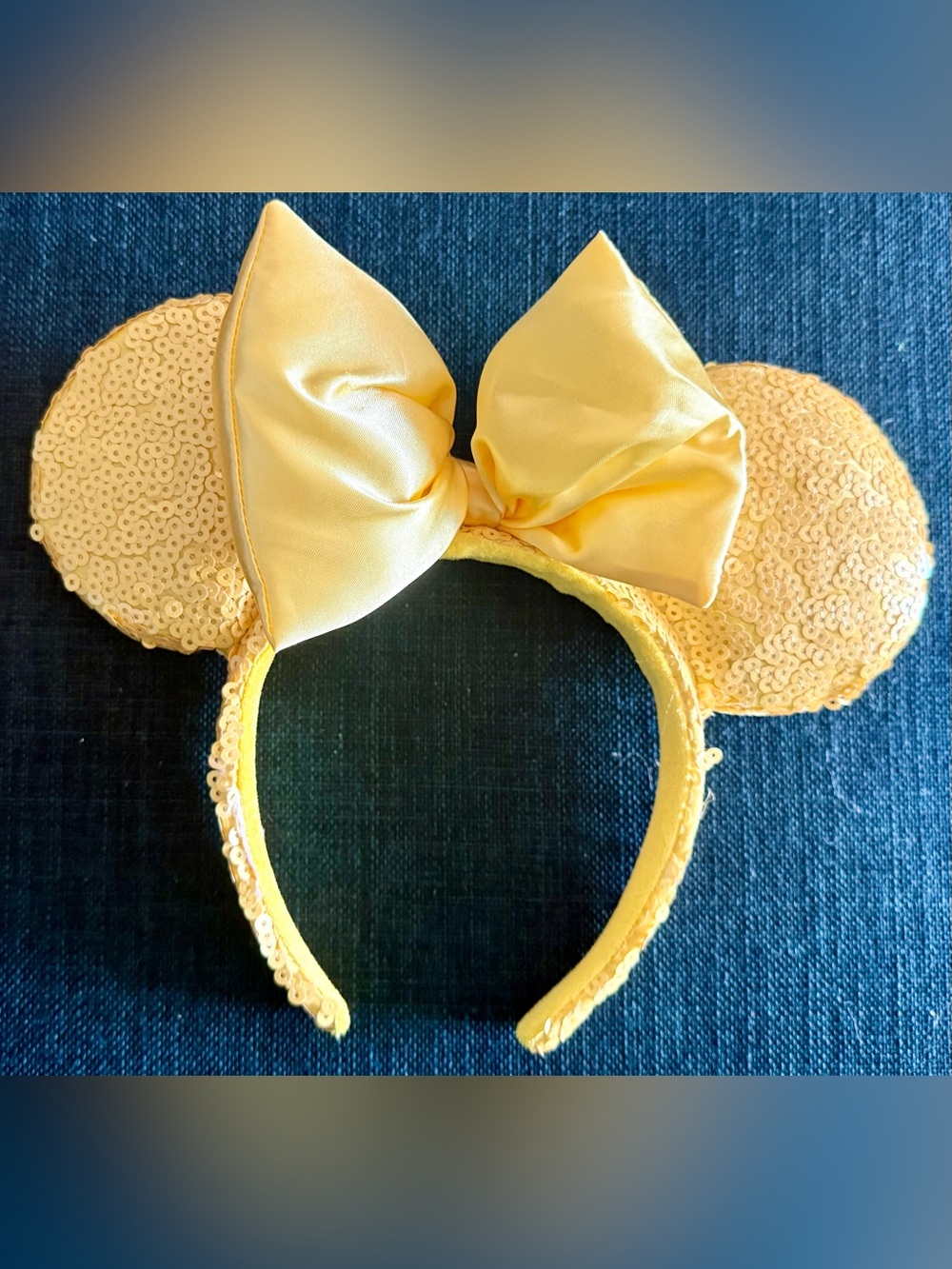 Disney Butter Yellow Sequin Minnie Ears Headband with Puffy Satin Bow